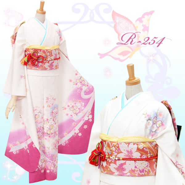 R254 白　ピンク桜と蝶々のメルヘン☆(絹) 